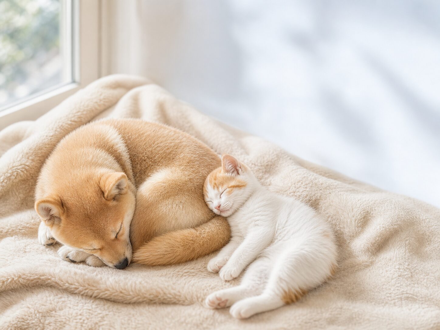 毛布の上で目を開けて寄り添う子犬と子猫